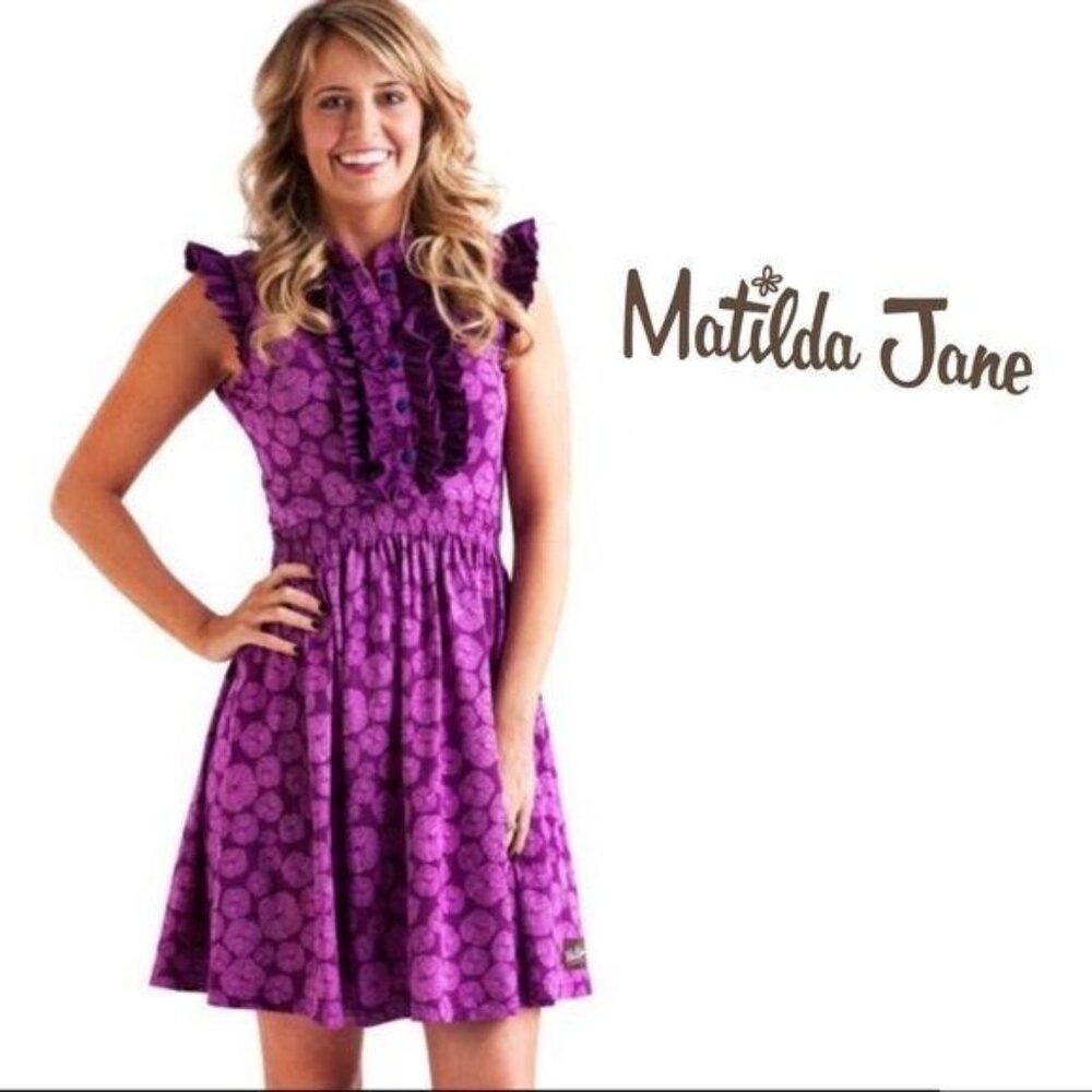 Matilda Jane Dress XS Mini Magnolia Purple Short Sleeve Ruffle Floral Henley